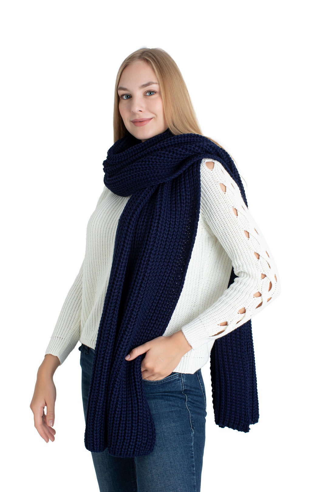 Dark Blue Oversize Extra Long Chunky Scarf, Unisex Winter Hand Knitted ...