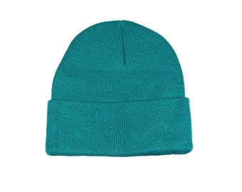 Bonnet basique bleu sarcelle, bonnet unisexe en acrylique doux 24 couleurs, bonnet d'hiver Hatsquare, casquette tête de mort homme, bonnet en tricot à revers fait main