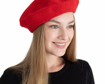 Red French Beret Painters Hat, Women Felt Beret, Women Winter