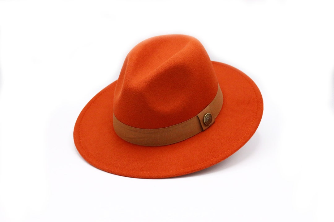 Orange Fedora Hat, Vegan Felt Stiff Brim Hat, Men Winter Hat, Women
