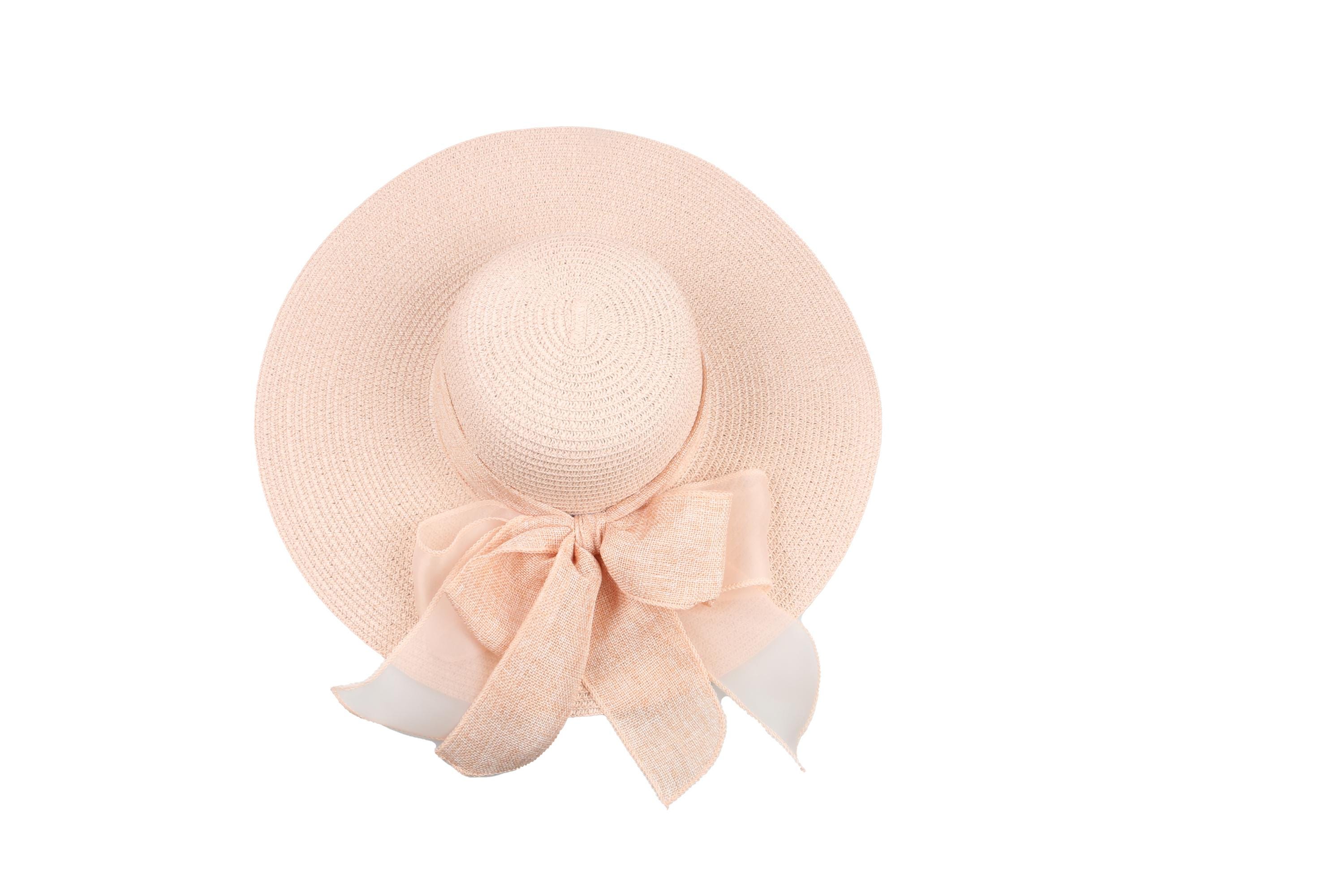 Pink Romantic Vintage Style Wide Brim Straw Hat, Double Bow 