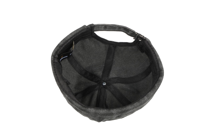 May include: Dark gray cap with a curved brim and adjustable strap. The interior features a black lining and a central button. The cap is made of a textured fabric, suitable for casual wear.