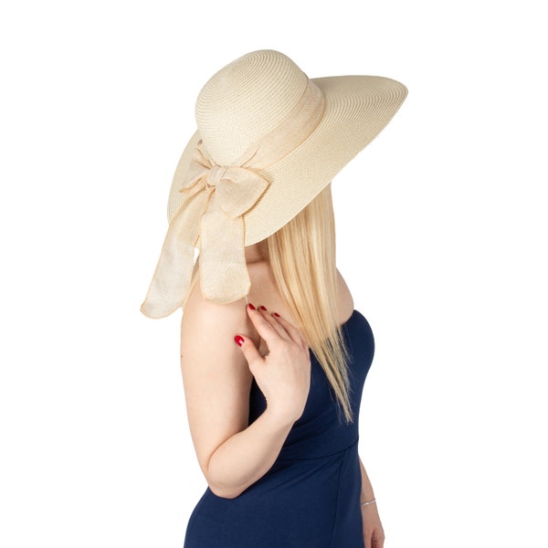 Chapeau de paille à large bord beige de style romantique vintage, chapeau de vacances, chapeau d'été pour femme, chapeau de plage, chapeau bohème, chapeau de soleil pliable, chapeaux de demoiselle d'honneur