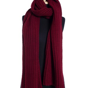 Burgundy Oversize Extra Long Chunky Scarf, Unisex Winter Hand Knitted Shawl, Women Blanket Scarf, Soft Ribbed Shoulder Wrap, Christmas Gift