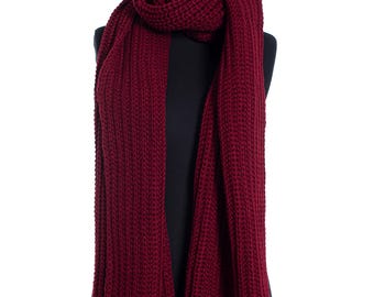 Écharpe épaisse extra longue surdimensionnée bordeaux, châle d'hiver unisexe tricoté à la main, écharpe pour femme, écharpe côtelée douce, cadeau de Noël