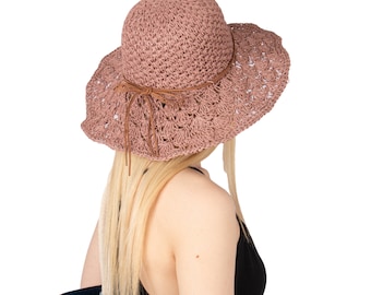 Sombrero de paja de ala ancha con encaje rosa para verano, sombrero para vacaciones, sombrero de verano para mujer, sombrero de playa, sombrero para el sol, sombrero bohemio, sombrero para mujer, sombrero para el sol plegable