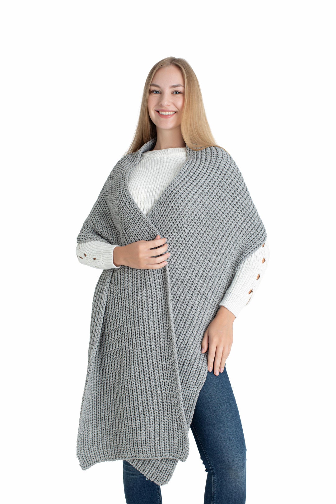 Gray Oversize Extra Long Chunky Scarf, Unisex Winter Hand Knitted Shawl ...