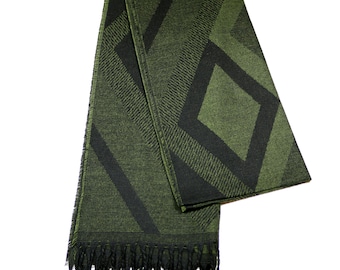 Dark Green Geometric Pattern Wool Men Scarf, Hatsquare Suit Scarf, Scarves for Men, Winter Scarf, Wool Fabric Scarf, Christmas Gift