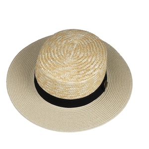 Beige Straw Boater Hat, Summer Men Women Fedora Hat,  Hatsquare Bolero Hat, Straw Wide Brim Hat, Flat Brim, Round Captain Hat, Gondolier Hat