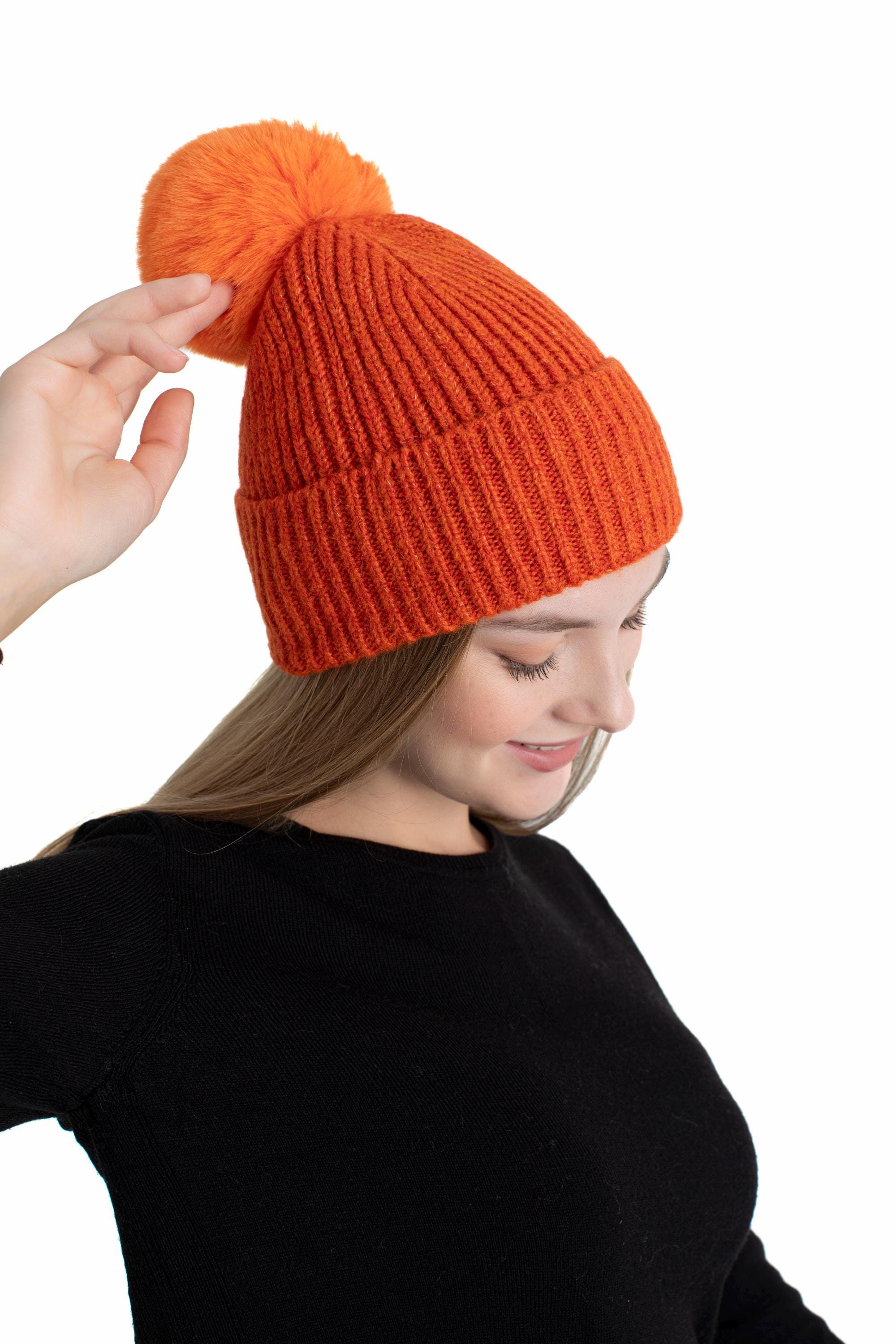 Orange Ribbed Knit Beanie Hat - Unbranded IHG-080-ORA - Wool Ribbed Beanie - Orange – IRON HEART GERMANY main image 3