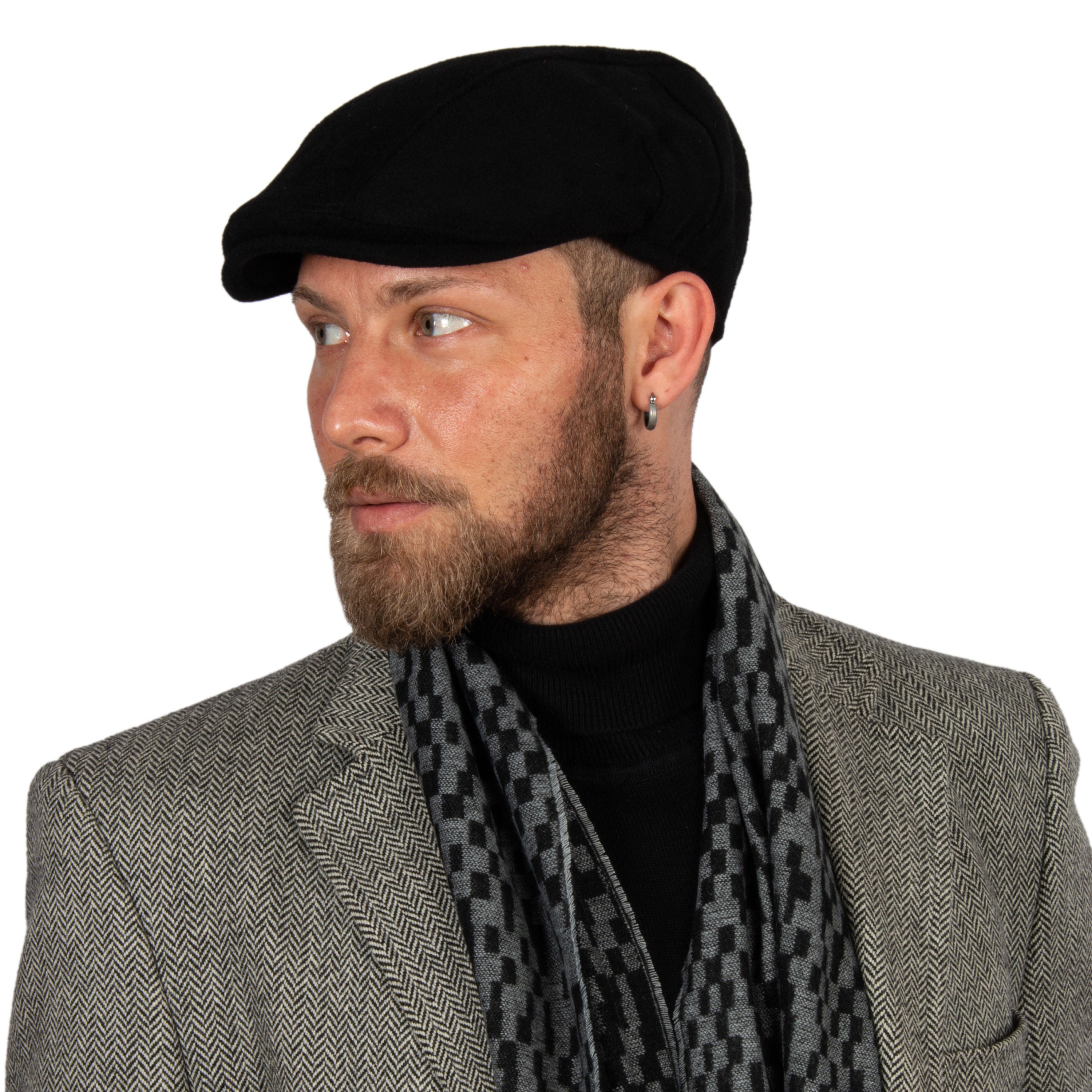 Black Wool Flat Cap, Baker Boy Hat, Irish flat cap, Winter Newsboy Cap, Men Scarf Set, Christmas Gift, Hatsquare Man Hat