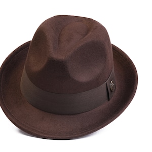 Chapeau en laine polaire Fedora marron foncé, chapeau d'hiver homme, chapeau Fedora rigide, Fedora pour hommes, chapeau à bord court, chapeau vintage, cadeau de Noël