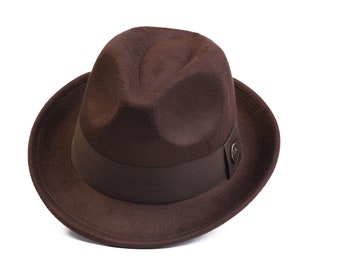 Dark Brown Fedora Polar Fleece Hat, Man Winter Hat, Stiff Fedora Hat, Fedora For Men, Short Brim Hat, Vintage Hat, Christmas Gift