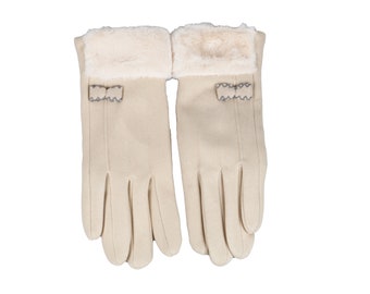 Beige Fleece Gloves with Little Bow, Touchscreen Women Winter Gloves, Female One Size Glove, Flexible Gloves , Female Mobile Phone Gloves