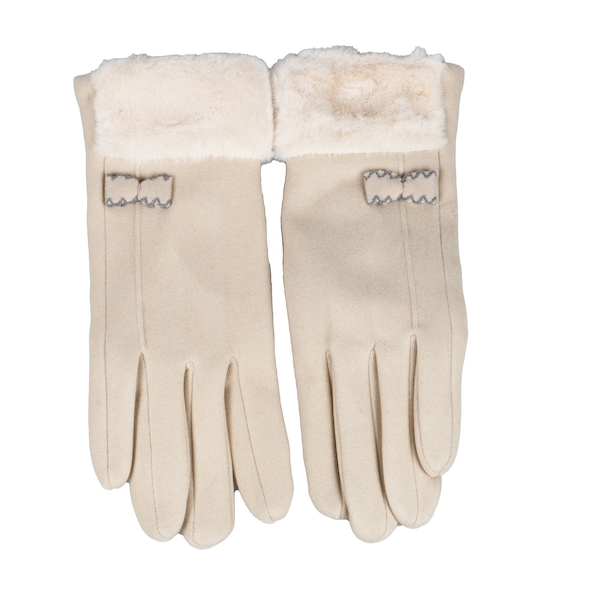 Beige Fleece Gloves with Little Bow, Touchscreen Women Winter Gloves, Female One Size Glove, Flexible Gloves , Female Mobile Phone Gloves