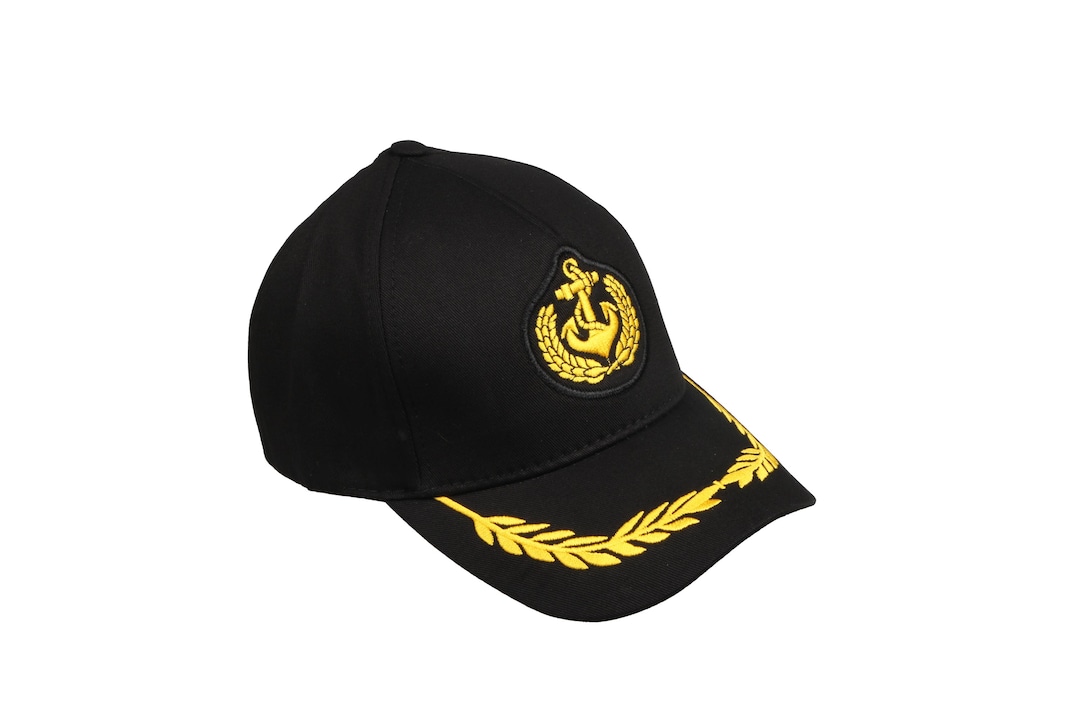 Black Cotton Captain Baseball Hat, Anchor Embroidered Skipper Boat