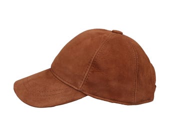 May include: A brown baseball cap made of suede. The cap has a curved brim and a rounded crown. The hat is a solid color and has a small button on top. This hat is a classic accessory.