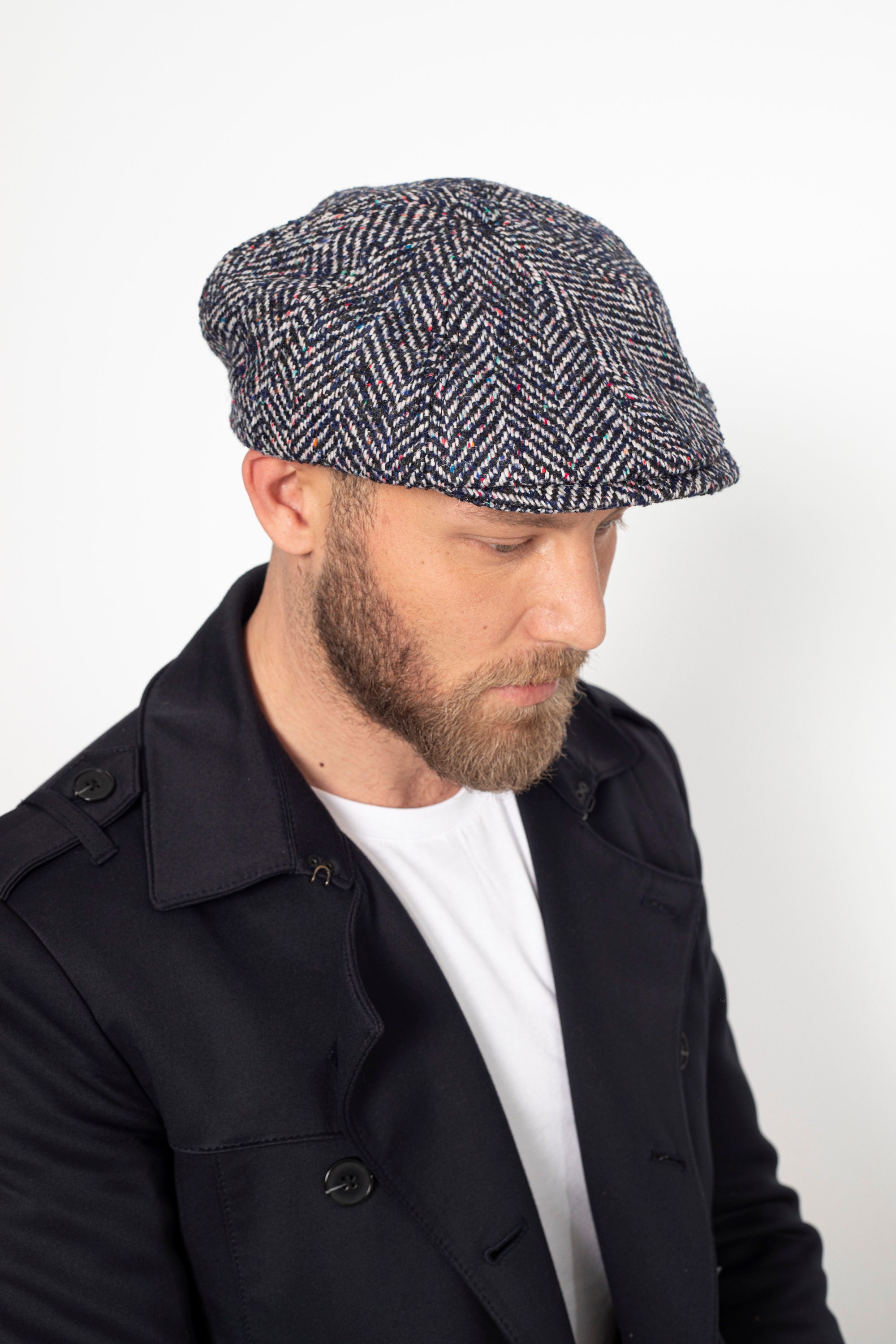 Dark Blue Tweed Wool 8 Panels One Size Cap, Baker Boy Flat Hat