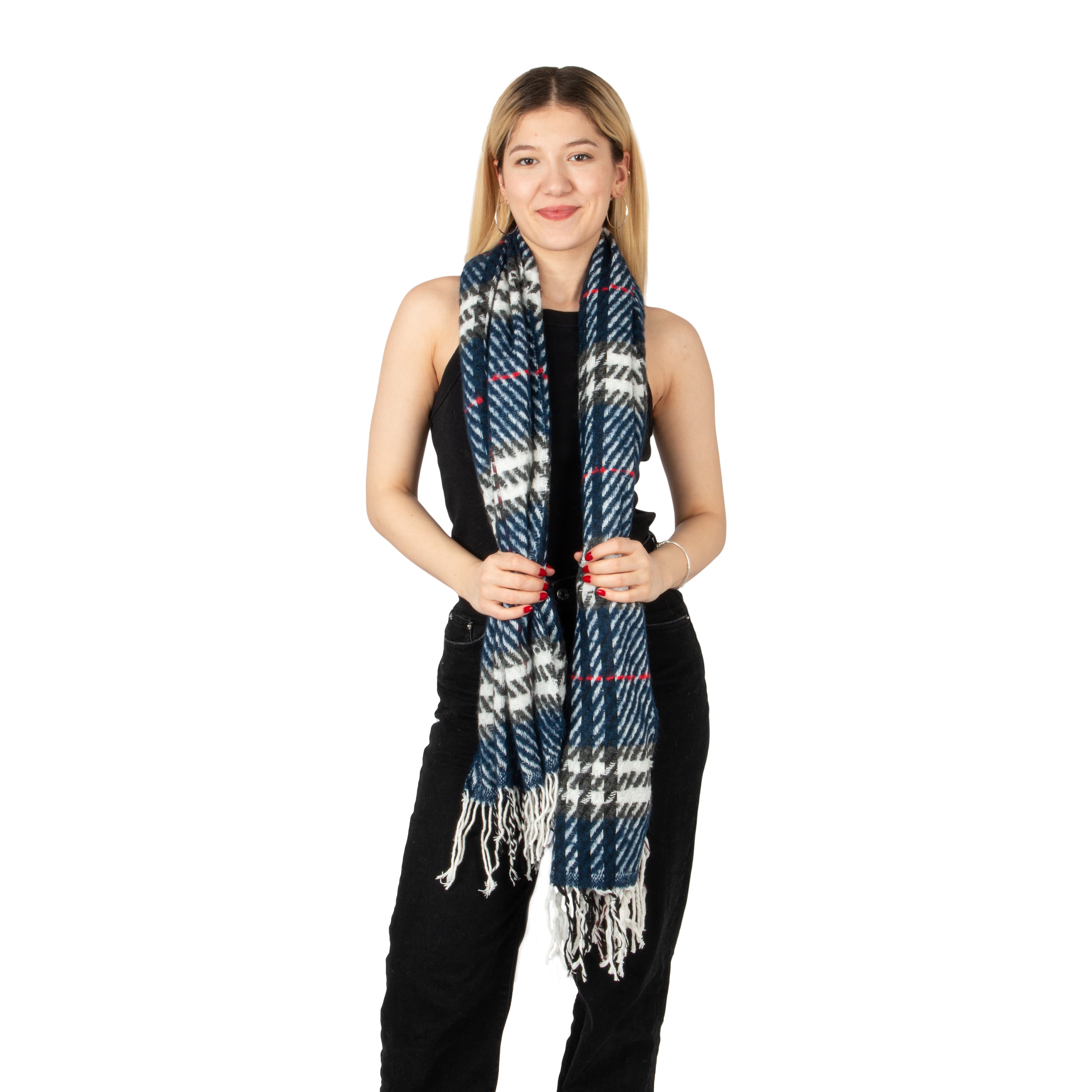 Momooda Foulard Femme Hiver, Écharpe Châle à Carreaux Cachemire Douce Et Chaude, Mode Automne Hiver Châles Wraps Foulards Avec Pompon, Bleu Gris