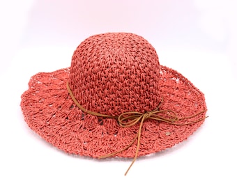 Coral Red Summer Lace Style Wide Brim Straw Hat, Holiday Hat, Women Summer Hat, Beach Hat, Sun Hat, Boho Hat, Women Hat, Foldable Hat