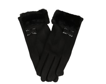 Black Fleece Gloves with Little Bow, Touchscreen Women Winter Gloves, Female One Size Glove, Flexible Gloves , Female Mobile Phone Gloves