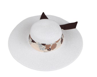 Chapeau de paille à large bord blanc romantique vintage, chapeau avec noeud floral, chapeau d'été pour femme, chapeau de plage, chapeau bohème, chapeau de soleil pliable, chapeaux de demoiselle d'honneur
