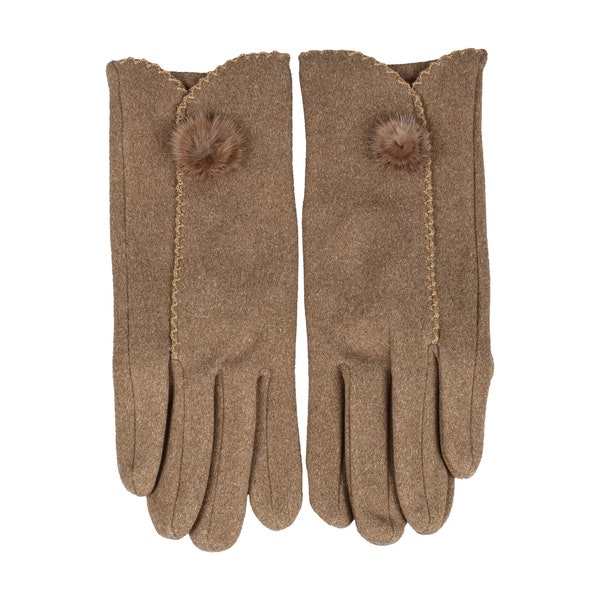 Gants en polaire brun laiteux avec petits pom pom, gants d’hiver pour femmes à écran tactile, gant femme taille unique, gants flexibles, gants de téléphone portable