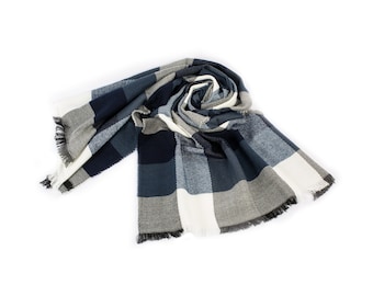 Navy White Buffalo Plaid Winter Oversize Women Scarf, Winter Shawl, Women Blanket Scarf, Winter Warm Pashmina Shawl, Christmas Gift
