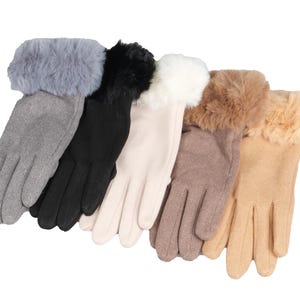 Può includere: Una collezione di cinque guanti in vari colori: grigio, nero, crema, marrone e beige. Ogni guanto presenta un bordo in finta pelliccia. I guanti sono disposti in diagonale su sfondo bianco, mostrando le loro variazioni di colore.