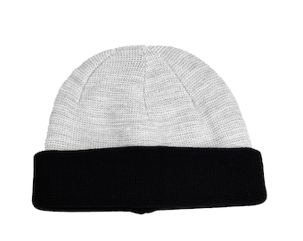 Grijze donkerblauwe muts, omkeerbare unisex-muts van acryl, Hatsquare wintermuts, dubbellaagse schedelmuts, wintergebreide gebreide muts