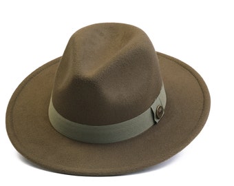 Khaki Green Fedora Hat, Vegan Felt Stiff Brim Hat, Men Winter Hat, Women Wide Brim, Stiff Fedora Hat, Flat Brim, Bridesmaid / Groomsman Hat