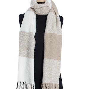 Beige White Oversize Chunky Buckle Women Scarf, Winter Knit Shawl, Women Blanket Scarf,  Warm Pashmina Shawl Christmas Gift, Super soft