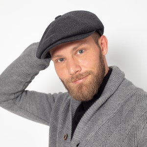 Berretto da giornalaio in lana grigio scuro a 8 pannelli, cappello Peaky Blinders, cappello Baker Boy, berretto piatto irlandese, regalo di Natale, berretto da giornalaio Hatsquare, set sciarpa da uomo