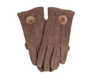 Braune Fleece-Armstulpen mit Pompom-Details, Touchscreen-Frauen-Winterhandschuhe, Weibliche Einheitsgröße, Flexible Handschuhe, Hutquadrathandschuhe