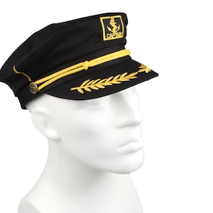 Black Skipper Sailor Captain Hat, Unisex Anchor Embroidered Boating Cap, Handmade Man Navy Officer Hat, Yachtsman Nautical First Mate Hat