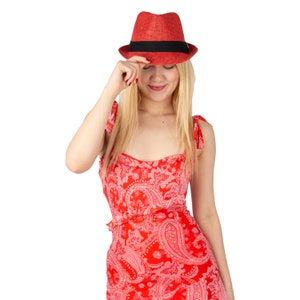 Kleurrijke stro Fedora hoed, zomer Fedora hoed, strandhoed, mannen zomerhoed, vrouwen zon Boho hoed, korte rand hoed, bruidsjonkers cadeau, bruidsmeisje hoed Red