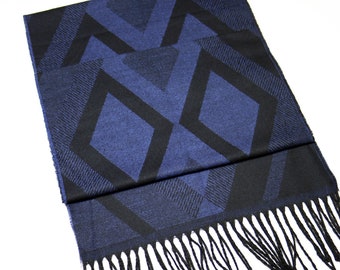 Dark Blue Geometric Pattern Wool Men Scarf, Suit Scarf, Scarves for Men, Winter Scarf, Wool Fabric Scarf, Birthday Gift, Christmas Gift