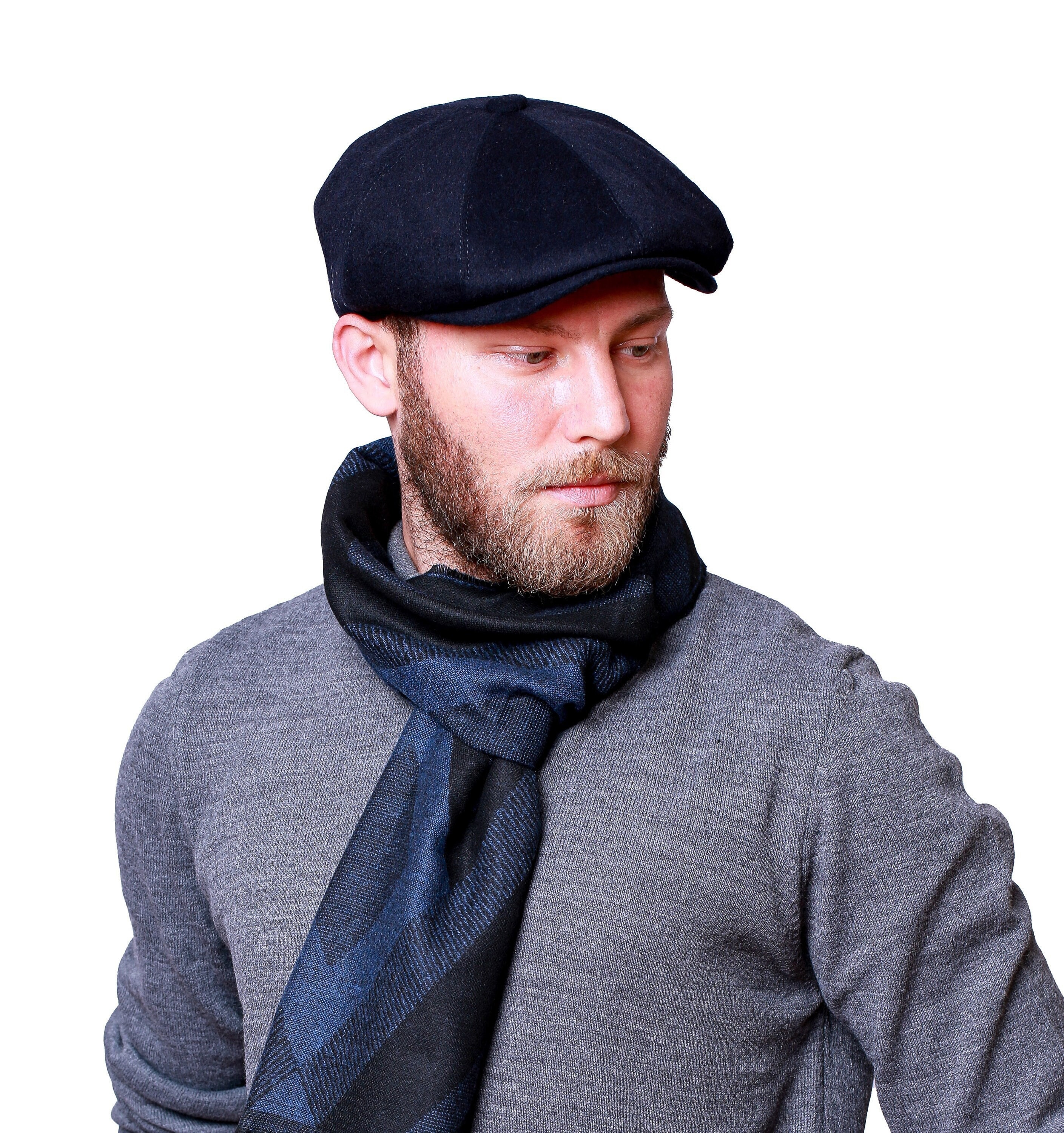 Dark Blue Wool 8 Panels Cap, Peaky Blinders Hat, Baker Boy Hat
