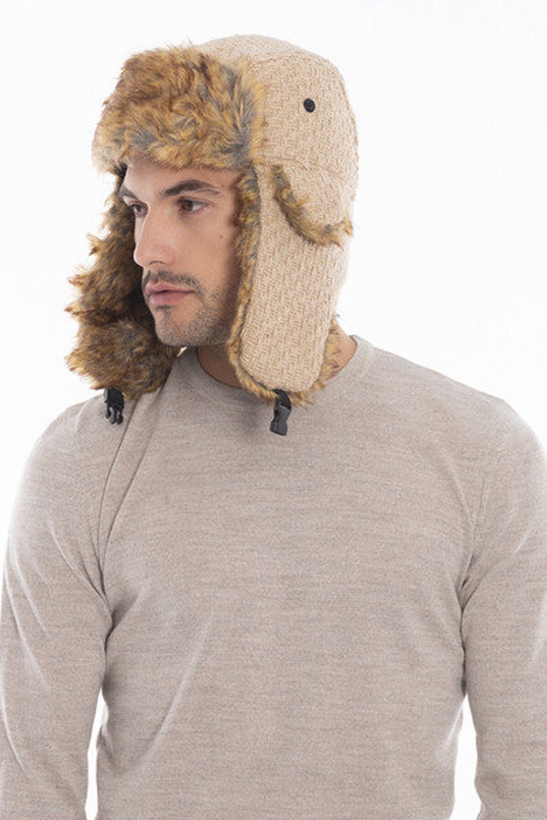 Bonnet aviateur en tissu à tricoter pour homme, chapeau en peau de mouton Faux Shearling, casquette de trappeur, chapeau d'hiver pour homme, chapeau à long oreillette, cadeau de Noël, cadeau d'anniversaire Beige