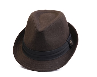 Dark Brown Fedora Polar Fleece Hat, Man Winter Hat, Stiff Fedora Hat, Men Boho Hat, Short Brim Hat, Vintage Hat, Christmas Gift