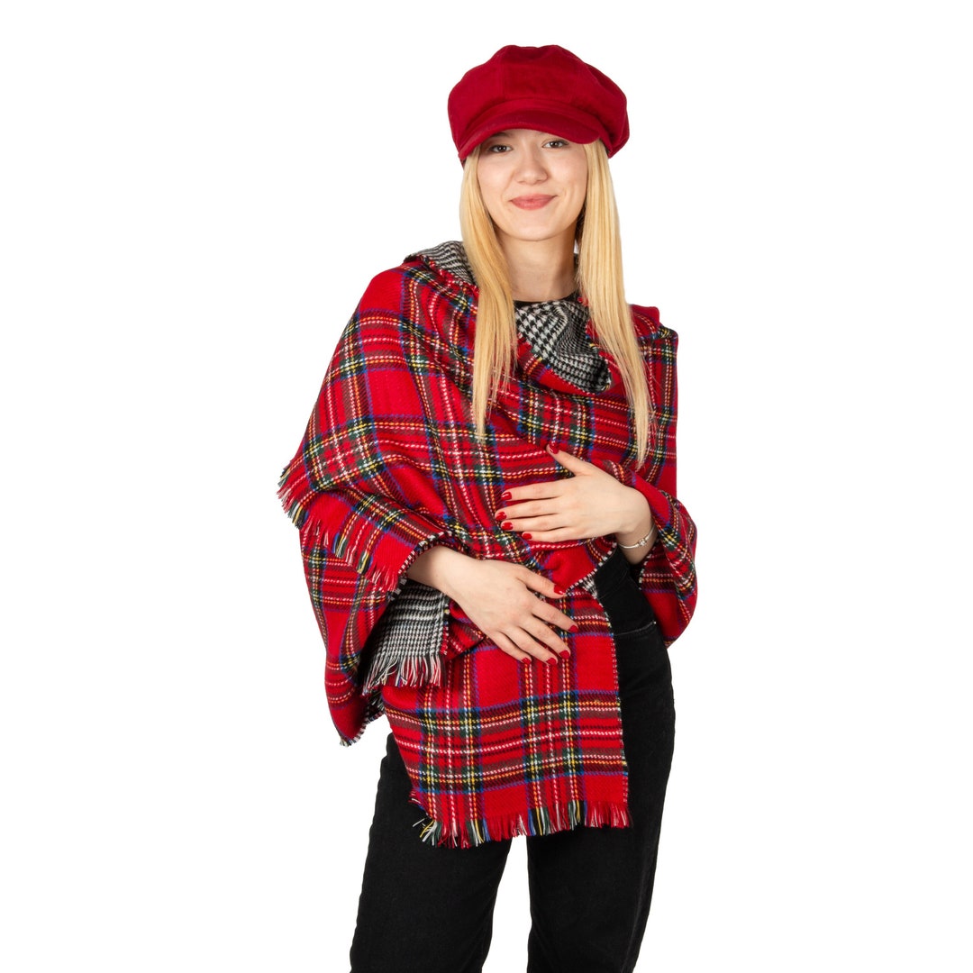 Red Plaid Winter Oversize Women Scarf, Winter Shawl, Women Double Sided