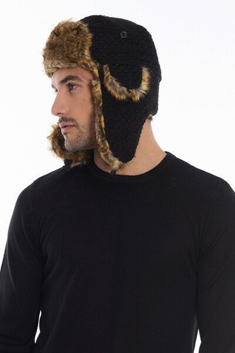 Bonnet aviateur en tissu à tricoter pour homme, chapeau en peau de mouton Faux Shearling, casquette de trappeur, chapeau d'hiver pour homme, chapeau à long oreillette, cadeau de Noël, cadeau d'anniversaire Noir