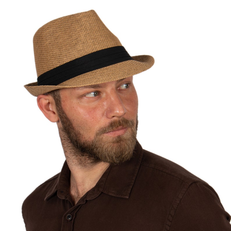 Kleurrijke stro Fedora hoed, zomer Fedora hoed, strandhoed, mannen zomerhoed, vrouwen zon Boho hoed, korte rand hoed, bruidsjonkers cadeau, bruidsmeisje hoed Camel