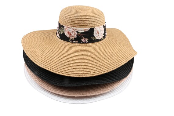 Cappello Di Paglia Da Donna A Tesa Larga Con Fiore Fatto A Mano - Pieghevole, Protezione Solare, Rosa, Taglia M