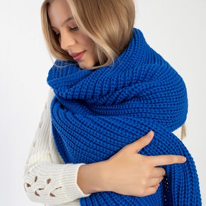 Blue Oversize Extra Long Chunky Scarf, Unisex Winter Hand Knitted Shawl, Women Blanket Scarf, Soft Ribbed Shoulder Wrap, Christmas Gift