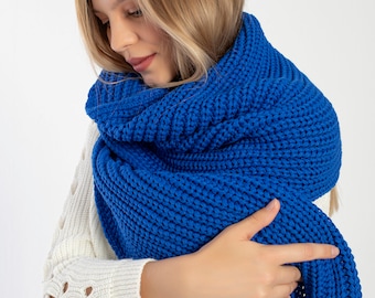 Blue Oversize Extra Long Chunky Scarf, Unisex Winter Hand Knitted Shawl, Women Blanket Scarf, Soft Ribbed Shoulder Wrap, Christmas Gift