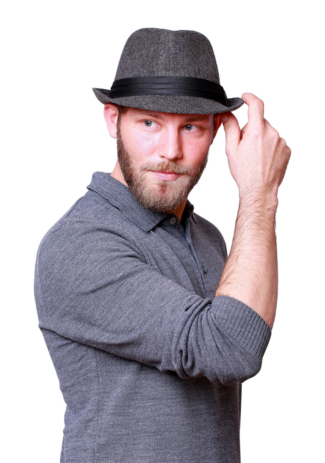 Dark Gray Tweed Fedora Polar Fleece Hat, Hatsquare Man Winter Hat