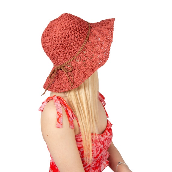 Coral Red Summer Lace Style Wide Brim Straw Hat, Holiday Hat  display picture 3