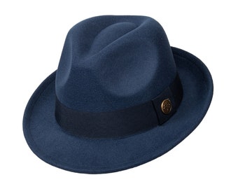 Dunkelblauer Fedora Polar Fleece Hut, Mann Wintermütze, steifer Fedora Hut, quadratischer Fedora für Männer, kurzer Krempenhut, Vintage Hut, Weihnachtsgeschenk