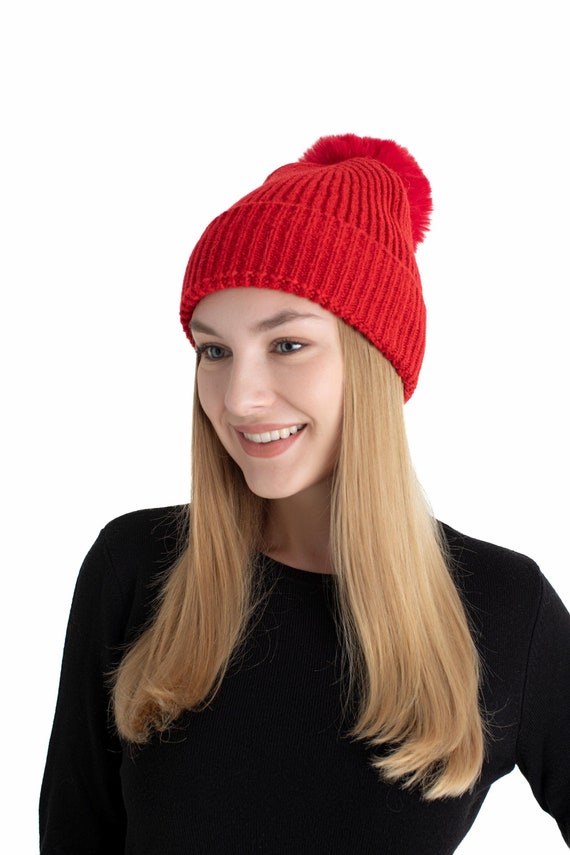 Vibrant Red Wool Knit Beanie Hand Knit Beanie, Red Beanie Hat, Cable Knit Womens Winter  main image 4